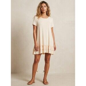 Easel Womens Large Cream Beige Mini Dress Ruffle Hem Short Sleeve Boho